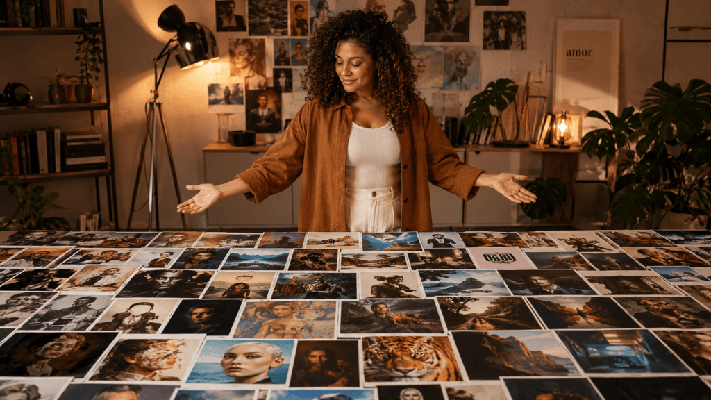 Pessoa em estúdio criativo com luz de mesa, cercada por várias imagens impressas e cartões de fotos sobre a mesa, sugerindo ia para criar imagens