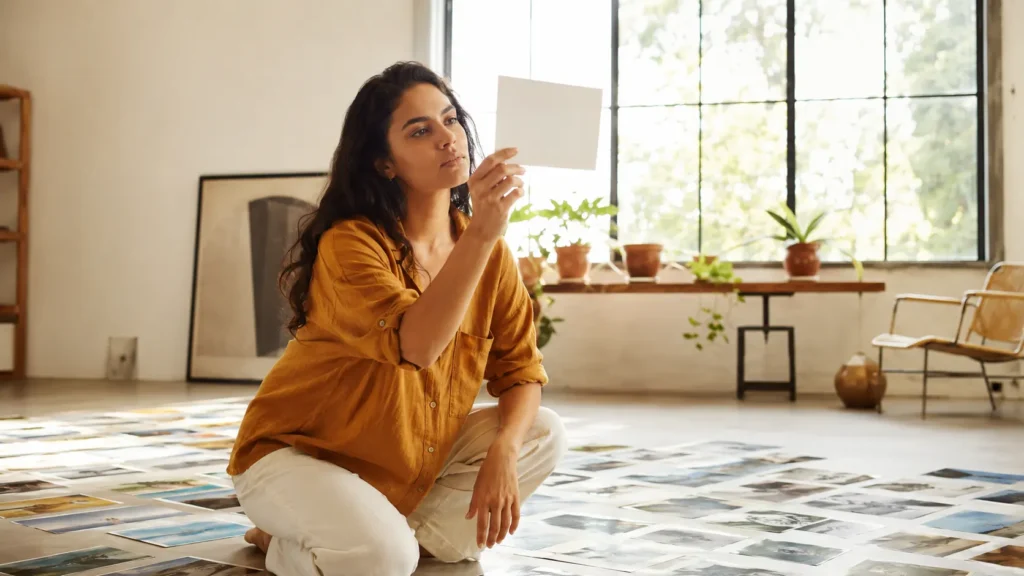 Pessoa em estúdio criativo, sentada no chão com folhas e impressões de imagens ao redor, ao lado de um quadro e janela com luz natural, simbolizando comparação de ferramentas de IA para criação.