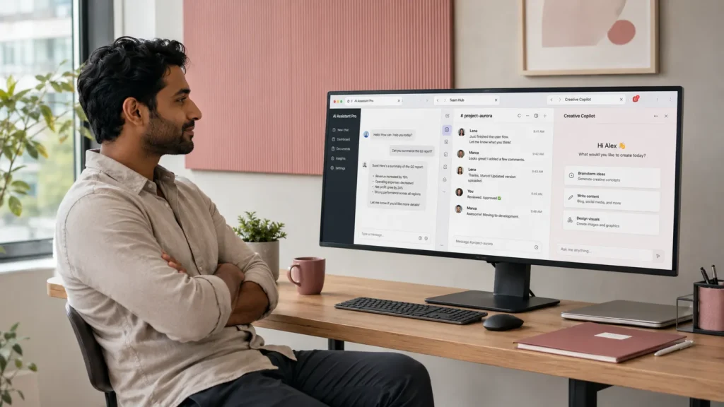 Homem sentado em home office observa monitor widescreen com três abas abertas de chat, representando como automatizar atendimento com IA, com notificações e mensagens em andamento.