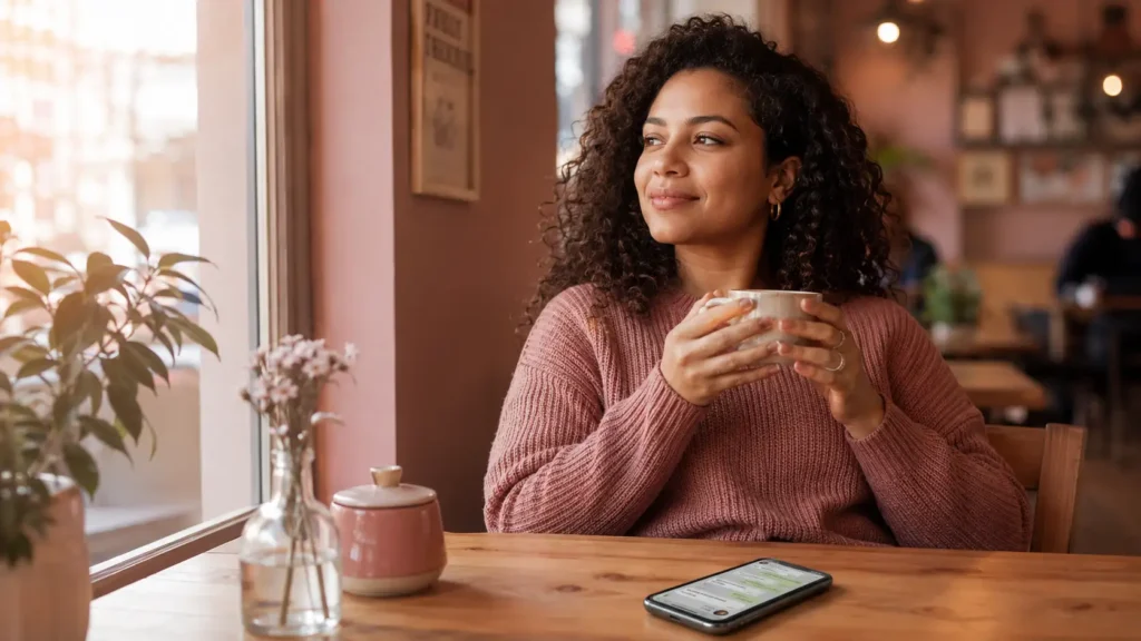 Mulher brasileira em um café com suéter rosado, segurando uma xícara de café enquanto o celular mostra um chat ativo, sugerindo como criar agente de IA para WhatsApp