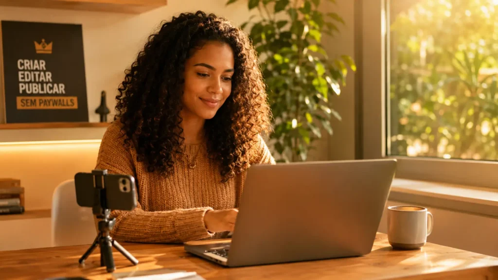 Criadora de conteúdo brasileira em home studio aconchegante, sentada à mesa com notebook e celular em tripé, revisando clipes ao criar vídeo com IA grátis, com luz dourada da tarde e planta ao fundo.