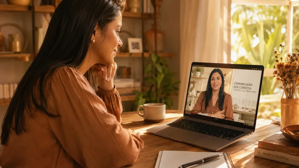 Mulher brasileira em home studio criando vídeos com HeyGen: ela assiste no notebook uma apresentadora digital que fala no vídeo, em luz quente e ambiente acolhedor.