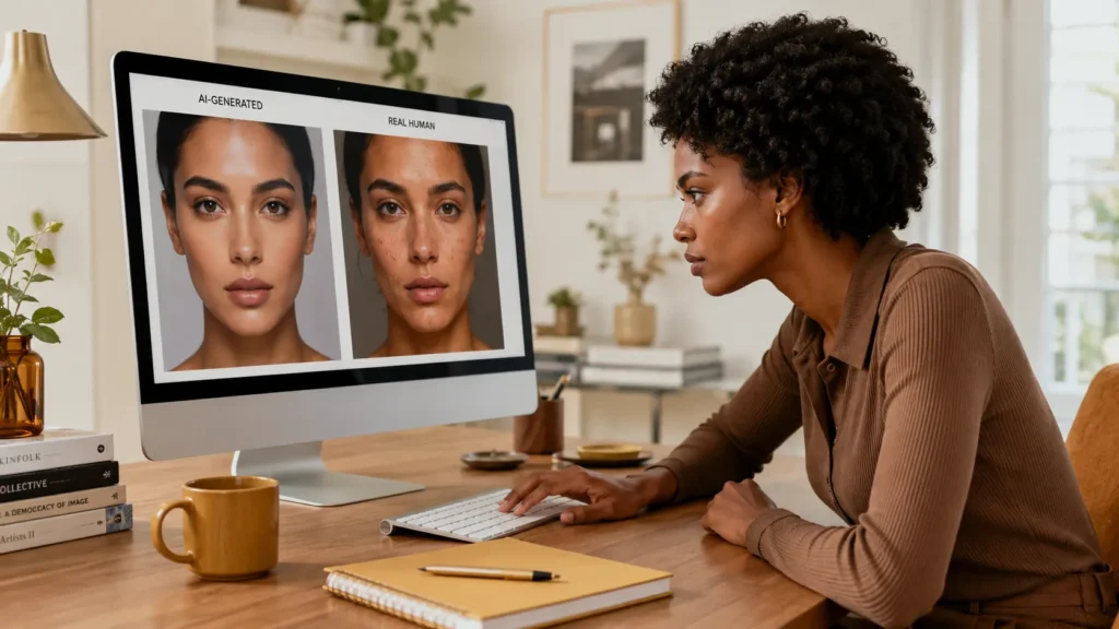 Mulher com cabelo crespo natural e tom de pele marrom quente analisa no monitor duas imagens lado a lado: uma artificial com aparência plástica e outra realista, com imperfeições naturais, em ensaio editorial no escritório.