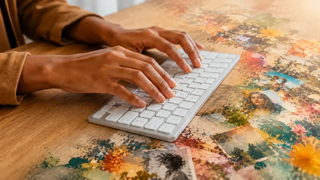 Como usar gpt image2: close-up editorial das mãos de uma mulher brasileira digitando em um teclado sobre uma mesa de madeira, com luz clara e transformação visual orgânica nas bordas em cores vibrantes e detalhes fotográficos surgindo da ação de escrever