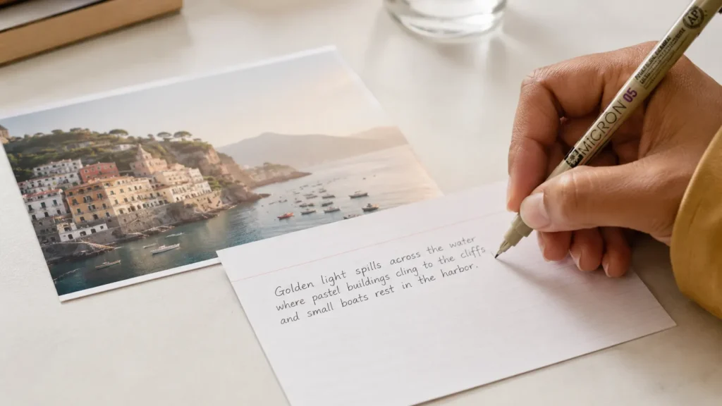 Mão escrevendo uma frase descritiva em um cartão branco com caneta de ponta fina, ao lado de uma imagem impressa que parece surgir do texto; luz natural quente e estilo editorial, útil para entender como usar o Midjourney.