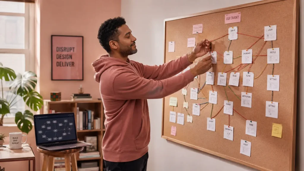 Homem em hoodie rosa fixando pequenos cartões em um quadro de cortiça e ligando com fios coloridos, criando um diagrama de fluxo estilo detetive; ao lado, um notebook aberto com o equivalente digital. Ideal para como usar n8n.