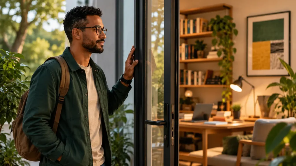Homem com cabelo escuro e jaqueta verde‑pinheiro, mochila nas costas, apoiado na porta de vidro meio aberta, olhando para dentro de um escritório bem iluminado com luz natural e plantas ao fundo, estilo editorial