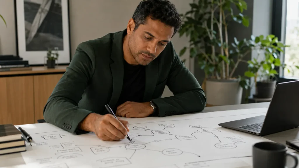 Homem em escritório analisando fluxos de trabalho e fazendo anotações em um quadro branco, com notebook ao lado, cenário que representa automação e IA para negócios