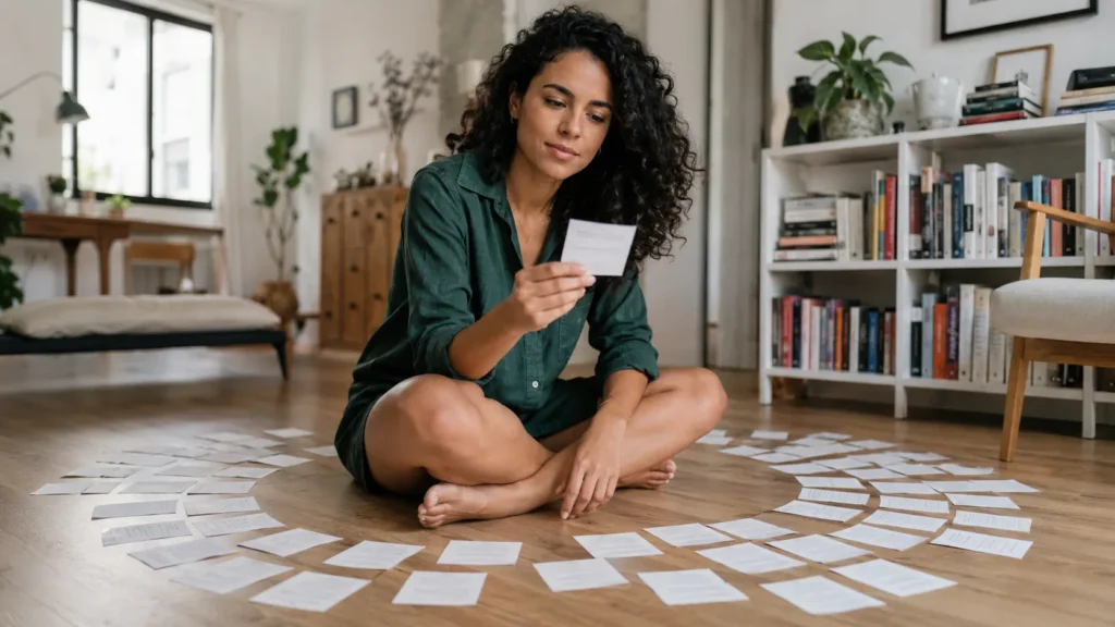 Mulher brasileira em apartamento iluminado e arejado, sentada no chão com pernas cruzadas, segurando um cartão de papel e cercada por dezenas de pequenos slips impressos, sensação de descoberta e reconhecimento — Microsoft Clarity AI Visibility.